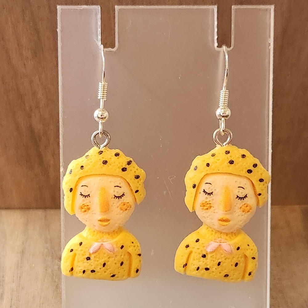 Yellow Polka Dot Girl Figure Drop Earrings Quirky Folk Art Dangle Jewelry